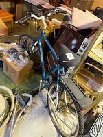 Full side view of a blue Nishiki Expedition mountain bike leaning against furniture in a cluttered room.
