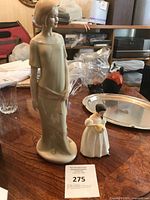 Wide view of two Royal Doulton figurines on a wooden table with some household items in the background.