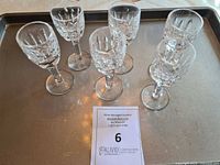 Set of 6 Waterford KILDARE liqueur cordial stem glasses arranged on a tray.
