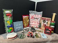 Group shot of all items including ornaments, frame, pyjamas, cookie cutters and accessories