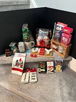 Group shot of all holiday gift items arranged on steps