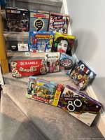 All board game boxes displayed on stairs