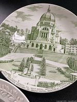 Green transferware plate showing Saint Joseph’s Oratory, Montreal