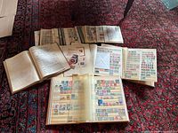 overview of multiple albums and loose pages on carpet