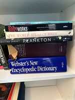 Stack of books including Webster's New Encyclopedic Dictionary, The World Atlas of Birds, How the Body Works, Plankton, and others.