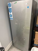 Full view of the tall stainless steel Danby freezer closed showing brand name and labels on door.
