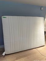 Photo showing front side of a white IKEA queen mattress with vertical stitched lines and fabric cover, placed against a blue wall on wood floor.