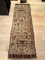 Full view of the Persian rug showing its length, colors, and design patterns on a hardwood floor.