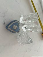 Group shot showing Wedgwood dish, pear dish, and both candle holders