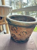Front view of terracotta pot showing raised fleur-de-lis design and rim
