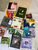 Overview of entire assortment of books on table