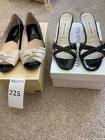 Both pairs of shoes on their boxes, left Michael Kors flats, right Manolo Blahnik heels
