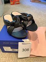 Top view of black knot sandals on box and dust bag