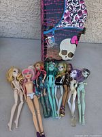 Seven dolls laid on the ground with a Monster High storage case behind them, showing skin tones, hair colors, and partial outfits on some dolls.