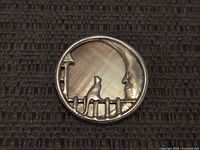 Front view of round brooch with mother of pearl and silver cat silhouette design, showing fence and crescent moon.