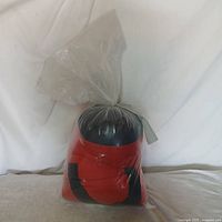 Full view of red boxing bag inside clear plastic shipping bag