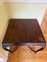Top angled view of the Edwardian table showing wood surface and corner inlay details.