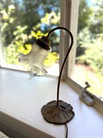 Full view of vintage brass desk lamp on windowsill showing the curved gooseneck arm and ruffled frosted glass shade.