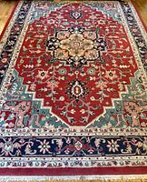 Full view of rug laid flat on floor, showing overall pattern and borders
