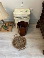 All three items: wicker hamper, wooden wastebasket, woven tray