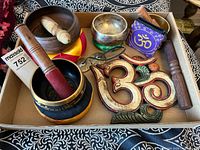 Tray with singing bowls, strikers, tingsha, wick trimmer, Om plaque, fabric pouch