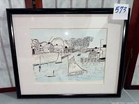 Full view of framed artwork showing black frame, mat and entire drawing