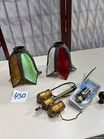 two slag glass shades, brass cluster, packaged socket, finial