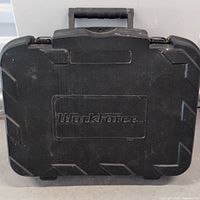 Closed view of black plastic carrying case with Workforce logo and handle.