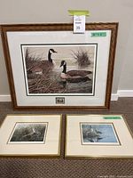 Three framed prints in total: one larger signed 'Romantic Pair' print by M Visser with two smaller framed bird prints by Don Li-Leger.