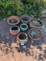 Seven garden pots placed on outdoor brick surface with overgrown greenery in the background. Pots are visibly used and filled with dried leaves and dirt.