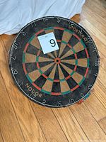 Front view showing full dartboard face, brand names, wire numbers, segmented colors