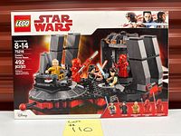 Front of sealed LEGO Star Wars Snoke's Throne Room box showing artwork and minifigures