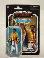 Front of sealed Vintage Collection Lando Calrissian figure card showing figure and blaster