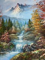 Full view of painting showing mountain, waterfall and foreground foliage