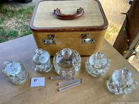overview of five glass dishes, rods, and woven case