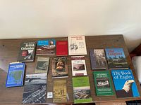 Overall view of 15 B.C. history books laid out on table