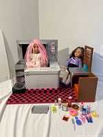 Full diner backdrop, booth seat, two dolls, floor mat and loose accessories