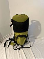 Front view of Sherpani green and black framed child carrier backpack standing upright.