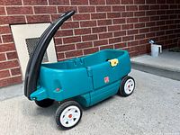 Front angled view showing teal wagon body, black handle, wheels, and side door latch