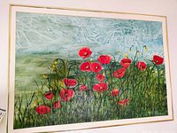 Full view of framed painting showing poppies scene and gold-tone frame