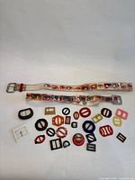 Belts and assorted buckles laid out on white background