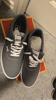 Top view of pair of pewter Vans Doheny sneakers on box