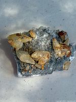 Photo of vintage chalcopyrite crystal specimen on ore matrix showing yellowish-brown crystals with gray ore base
