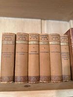 Photo of the spines of volumes IV-VI of the George Eliot Complete Works set showing titles and volume numbers.