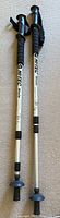 Pair of vintage Hi-Tec Whistler telescopic trekking poles laid side by side on carpet, showing foam handles and adjustable lock mechanisms.