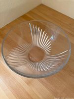 Top view of clear crystal bowl showing detailed etched Staccato pattern radiating from the center.