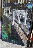 Front view of the oil painting showing full Brooklyn Bridge scene