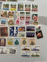 Close-up of portion of assorted mint Canadian stamps