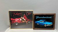 Overview of both framed pieces: Take Off poster left, Thunderbird reverse glass painting right