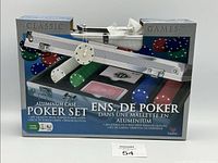 Front of boxed aluminum case poker set
